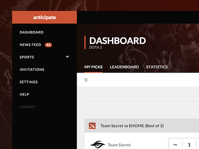 Anticipate eSports Dashboard dashboard input iu navigation news feed responsive side navigation sub navigation ux