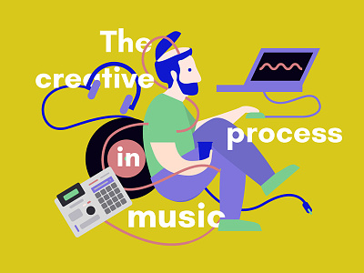 The creative process in music 2d cables character design creative headphones illustration laptop music music engineer process synthetiser vinyl