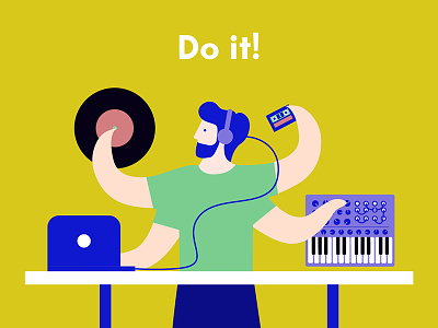 The creative process in music: do it! 2d character design creative headphones illustration laptop music music engineer vinyl
