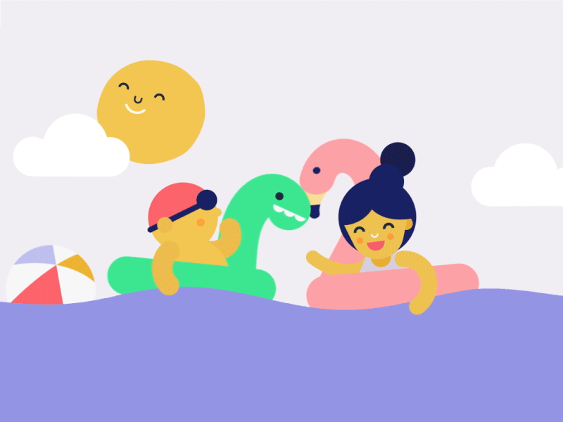 Summer friends baby bath dinosaur flamingo floating friends kids motion design sea sun vector water ring