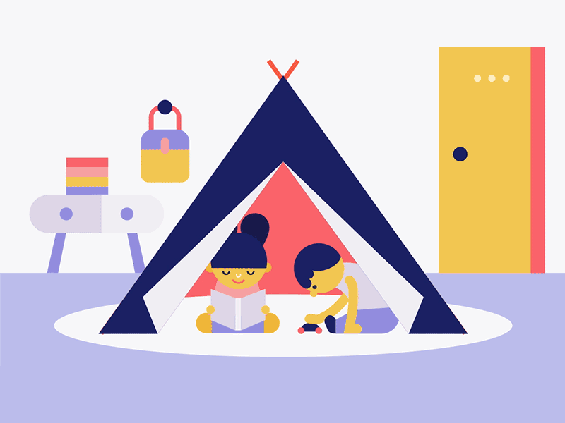 Kiddos 2d animation baby bedroom character character design flat gif illustration kids motion design playing reading teepee vector