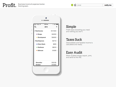 Profit App Preview Home Page finance ios7 list preview responsive signup tax ui ux web