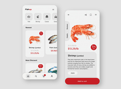 fishop = fish + shop app app design fish flat hellodribbble mobile app mobile design mobile ui online shop seafood shrimp simple uidesign uxdesign