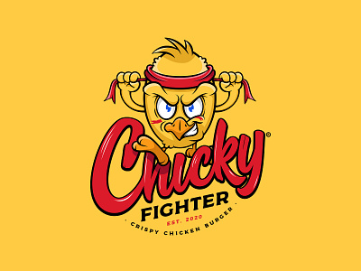 Chicky Fighter - Crispy Chicken Burger Logo burger chicken fighter illustration logo logo design mascot red yellow