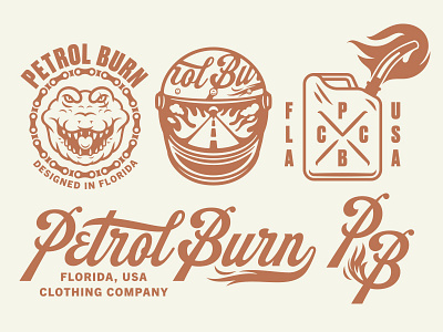 Petrol Burn aligator branding clothing crocodile fire florida helmet jerry can logo motorcycle reptile script type