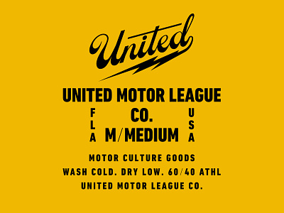 United Motor League Co. Label bolt clothing label label design lock-up script size t-shirt tag