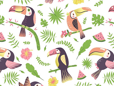 Pattern for kids clothes adobe photoshop animal character character design clothes cute digital art digital illustration flower illustration kids illustration pattern plant toucan