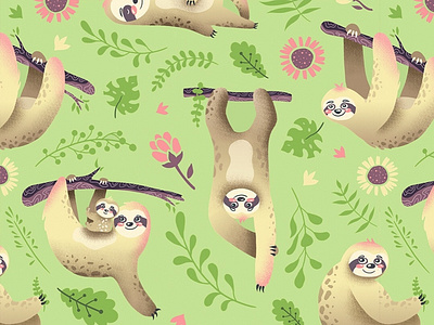 Pattern for kids clothes adobe photoshop animal character character design clothes cute digital art digital illustration flower illustration kids illustration pattern plant sloth