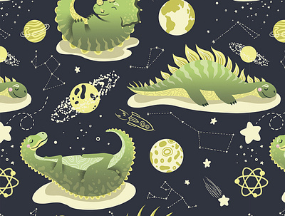 Pattern for kids clothes adobe photoshop animal character character design clothes cosmos cute digital art digital illustration dino dinosaur illustration kids illustration pattern pattern design sleep stars universe