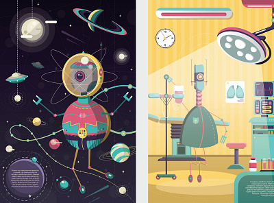 Robots adobe illustrator character character design cosmonaut cosmos cute design digital art digital illustration doctor illustration kids illustration medicine robot robotic robots universe vector