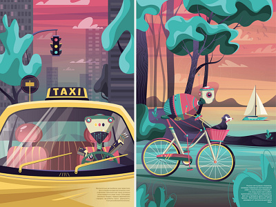 Robots adobe illustrator bycicle character character design cute design digital art digital illustration forest illustration kids illustration landscape poster sea taxi vector