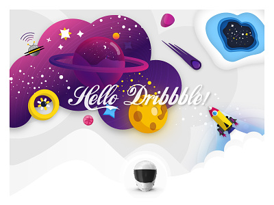 Hello Dribbble color debut planets shuttle space thanx