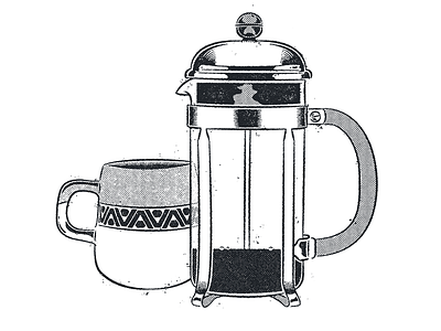 Hot Off The Press coffee drawing french press halftone illustration screenprint vector vintage