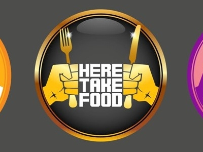 Here Take Food Final Logo branding fist font food fork gold hand here knife logo take