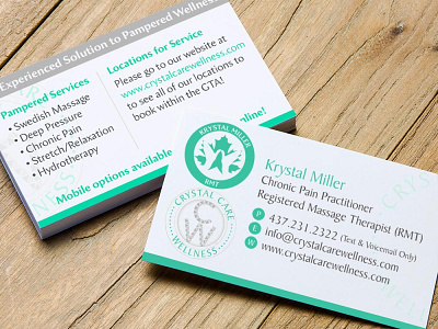 Crystal Care Wellness - Business Cards branding business cards canada crystal care wellness design graphic design identity illustration logo mark anthony media massage therapy ontario printing rmt stationery therapists toronto typography