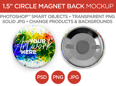 1.5" Circle Magnet Back Button Mockup & Template 1.5 advertising branding button circle digital download graphic design layout magnet marketing mockup photography photoshop printing promotion rare earth smart object stock template