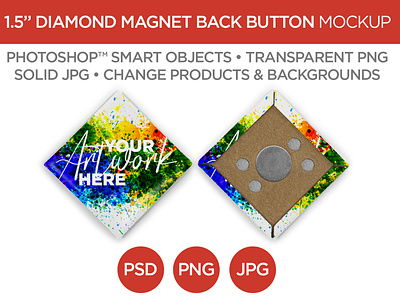 1.5" Diamond Magnet Back Button Mockup & Template advertising branding button diamond graphic design jpg layout logo magnet marketing mockup photography photoshop png promotion psd rare earth smart object square template