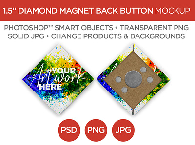 1.5" Diamond Magnet Back Button Mockup & Template advertising branding button diamond graphic design jpg layout logo magnet marketing mockup photography photoshop png promotion psd rare earth smart object square template