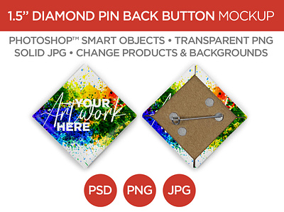 1.5" Diamond Pin Back Button Mockup & Template advertising back branding button diamond graphic design jpg marketing mockup photography photoshop pin png promotions psd square template