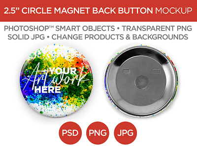 2.5" Circle Magnet Back Button Mockup & Template 2.5 advertising branding button circle graphic design jpg layout magnet marketing mockup photography photoshop png promotional psd smart object template