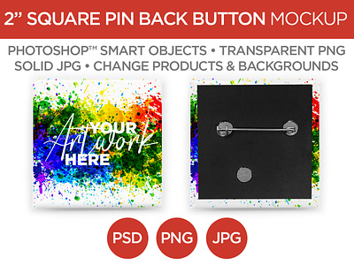 2" Square Pin Back Button Mockup & Template 2 advertising back branding button graphic design image jpg marketing mockup photoshop picture pin png print promotional psd smart object square template