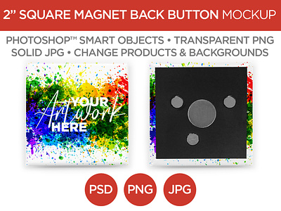 2" Square Magnet Back Button Mockup & Template 2 advertising branding button graphic design image jpg magnet marketing mockup photo photoshop picture png promotional psd square template