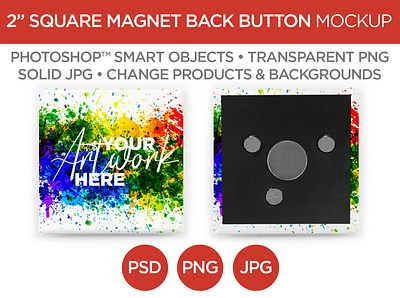 2" Square Magnet Back Button Mockup & Template 2 advertising branding button graphic design image jpg magnet marketing mockup photo photoshop picture png promotional psd square template