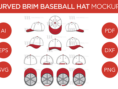 Curved Brim Baseball Hats - Vector Template Mockup curved