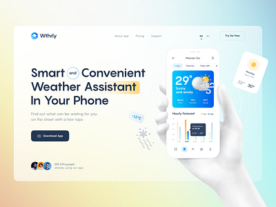 Weather app — Promo page 3d app desktop gradient hand landing page phone promo ui ux weather weather forecast web design website widget