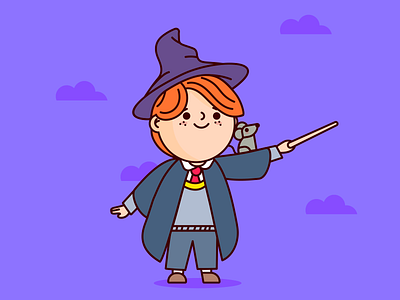 Rony Weasley character concept concept art cute fanart flat illustrator harry potter illustrator magic wand pet rat red hair ronald weasley spell wand witch witcher hat