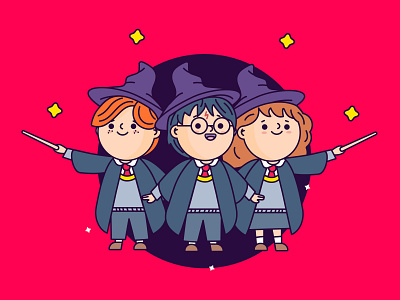 Wizards cartoon character character concept concept cute fanart flat design harry potter hermione granger illustrator kidlit kids illustration magic wand movie rony sparkle stars sticker witch wizards