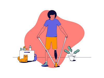 Exercising at Home artificial athlete cat crutches disability equipment fitness flat design graphic design gymnastics accessories handicapped home care illustration leg amputee lifestyle man exercising prosthetic resistance band stretching lunges training
