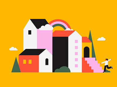 Houses flat design fun geometric happy houses illustration illustrator orange pink red scenario simple yellow