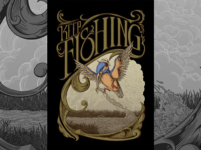 Keep Fishing animal bird drawing fish fishing illustration king fisher poster river