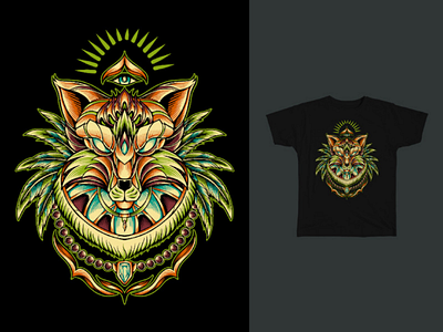 Shaman Fox T-Shirt Design for Sale animals apparel artwork clothing drawing illustration fox shaman tshirt tshirt design vector