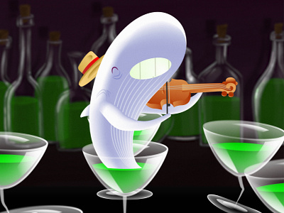 Fiddling whale alcohol animal animation character glasses hat violin