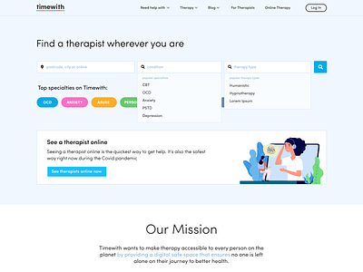 Landing page - Search focused Hero blue colorful fresh landing page mental health search timewith