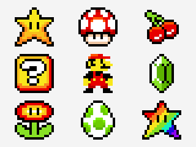 Super Mario Pixel Explorations flower mushroom pixel art star super mario