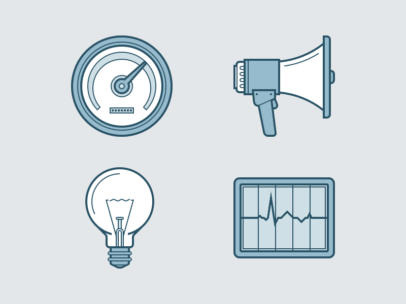 Heroicons icon set grey blue performance monitor dashboard idea light bulb announcement icons