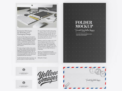 Folder, Business Card, Papers and Envelope Mockup a4 doc up a4 paper a4 sheet booklet branding business card cards docs document envelope folder golden mockup office paper shopping stationery