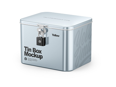 Glossy Metallic Tin Box W/ Padlock Mockup box box mockup coffee coffee box coffee tin box half side view high quality mockup high quality mockups hq lock metallic metallic box metallic box mockup metallic padlock metallic tin box metallic tin box mockup mockup packaging padlock psd