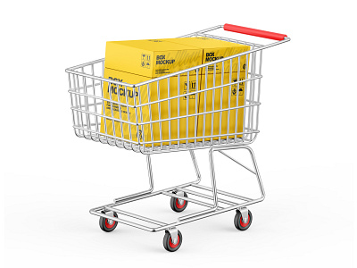 Shopping Cart W/ Paper Boxes Mockup basket box boxes branding cart delivery depot four four boxes mail mail box market mart metallic cart mock up mockup paper paper box shop shopping