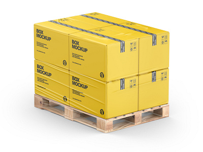 Pallet W/ 8 Paper Boxes Mockup box boxes branding cardboard carton cover duct tape film mail mockup pack packaging pallet shrink storage stretch tape transparent transportation yellowimages