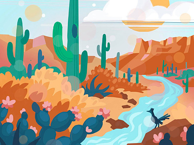 Streams in the Desert desert design digital painting illustration nature procreate roadrunner saguaro cactus story illustration