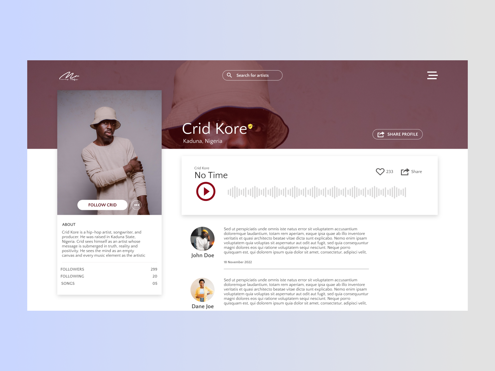 Artist Profile Page by Jonathan Kore on Dribbble