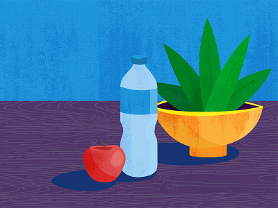 still life with plant, apple and water apple bottle desk grain halftone plant texture water wood