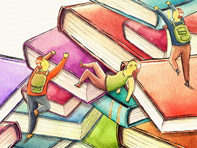 Join the Book Club analog book books climbing editorial illustration mountain student study top watercolor