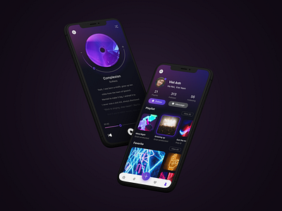 Music App - Profile - Play Screen app black challenge daily dark follow graphic design interface mobi mode mordel mordern music play playlist profile purple ui ui ux