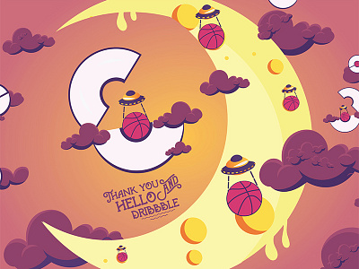 Hello Dribbble :) ball clouds moon pink ufo