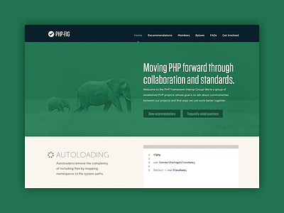 PHP-FIG Website banner homepage navigation open source organization php simple menu tech web design website